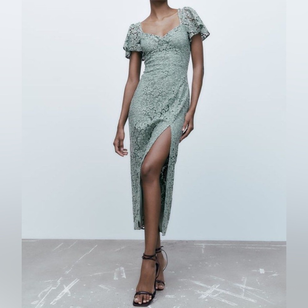 Zara Green Romantic Fairycore Feminine Lace Coquette Wedding Guest Midi Dress M - Picture 3 of 14